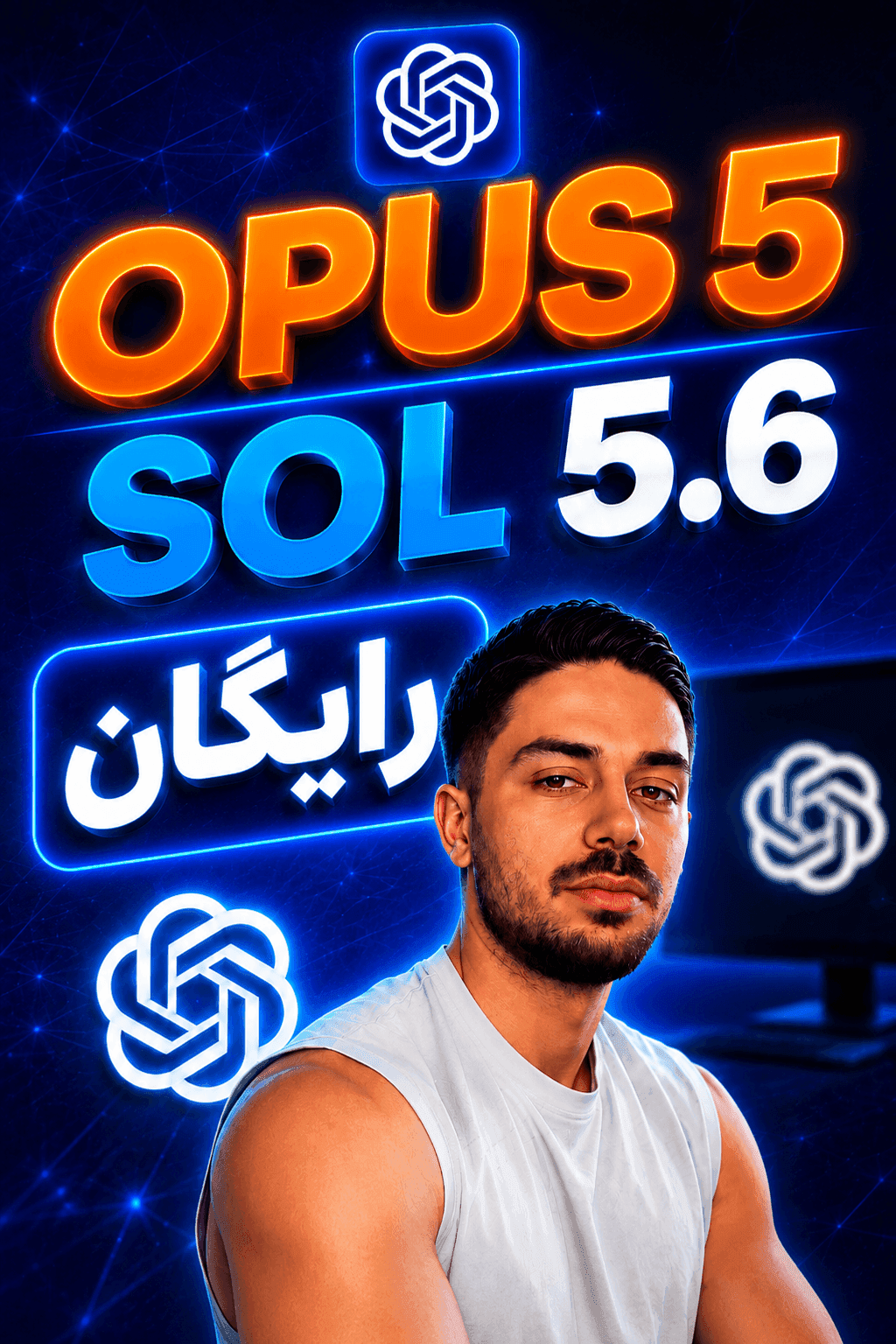 پوستر مقاله: فرهاد بیگناهی کنار نوشتهی «Opus 5 رایگان» با لوگوهای هوش مصنوعی روی پسزمینهی آبی نئونی