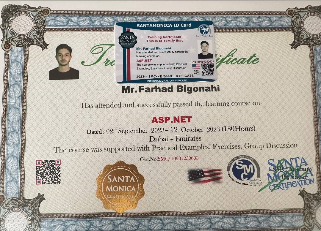 ASP.NET certificate awarded to Farhad Bigonahi by Santa Monica Certification, Dubai